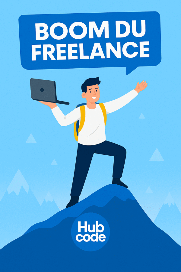 Jeune freelance heureux travaillant sur son ordinateur portable, illustrant la liberté et l’indépendance professionnelle — création de site internet pour freelance avec Hubcode