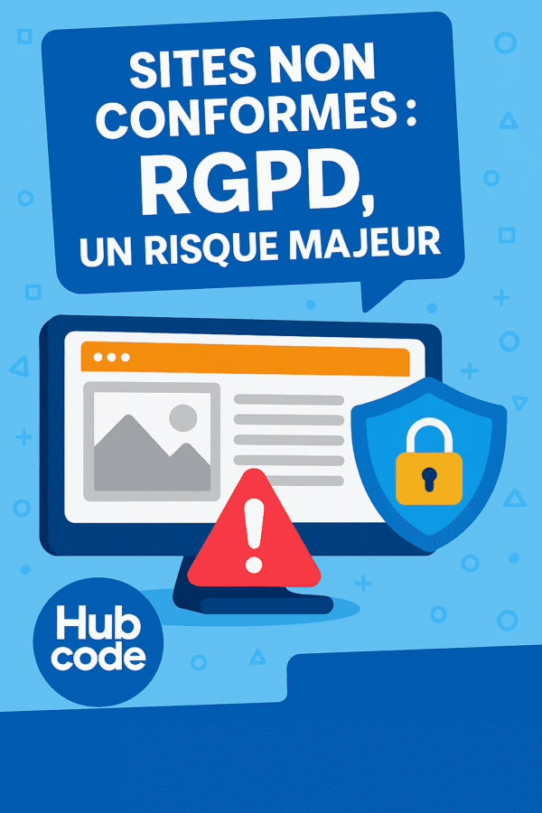 Illustration flat design montrant un site non conforme RGPD, soulignant les risques liés à l'absence de conformité et la nécessité de sécuriser les données