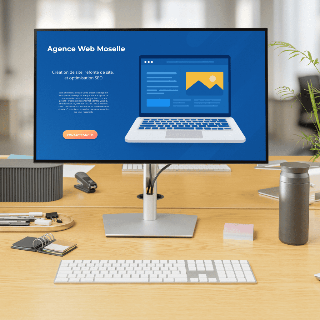 Écran affichant "Agence Web Moselle" avec services de création de site, refonte de site et optimisation SEO, illustrant l'expertise de l'agence Hubcode à Metz et en Moselle.