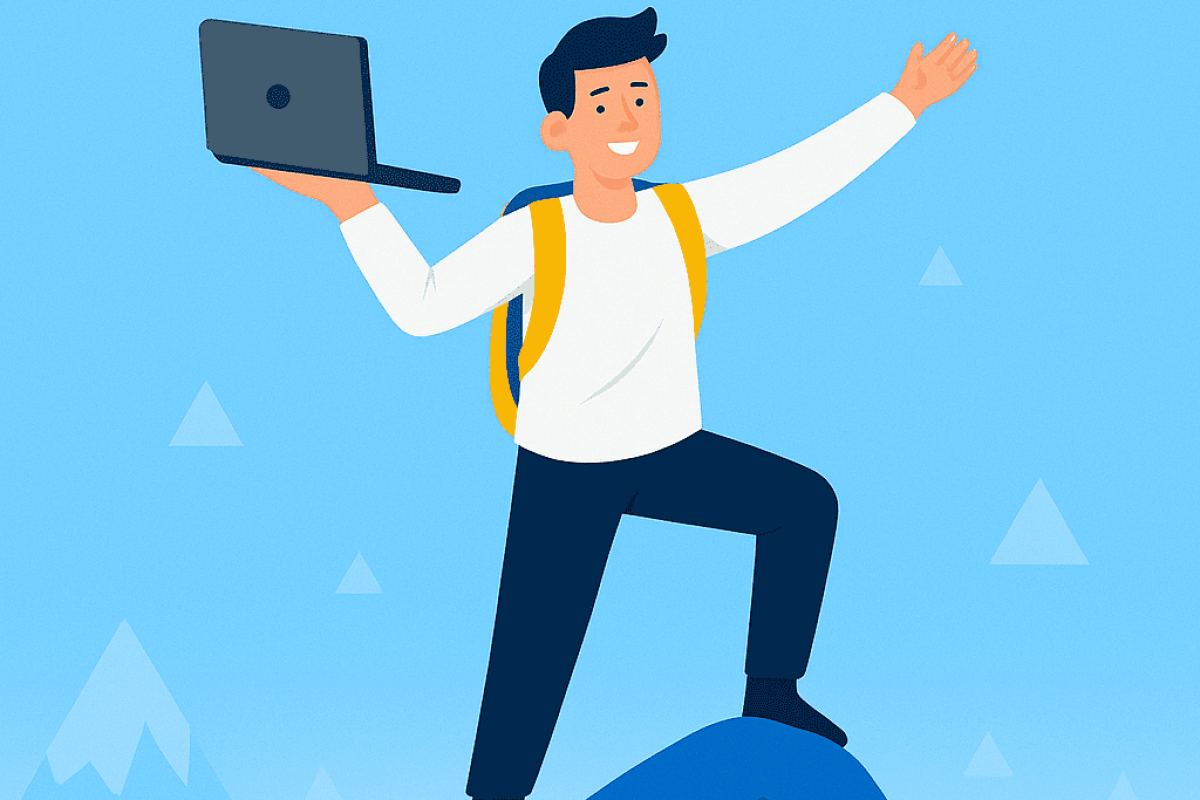 Jeune freelance heureux travaillant sur son ordinateur portable, illustrant la liberté et l’indépendance professionnelle — création de site internet pour freelance avec Hubcode